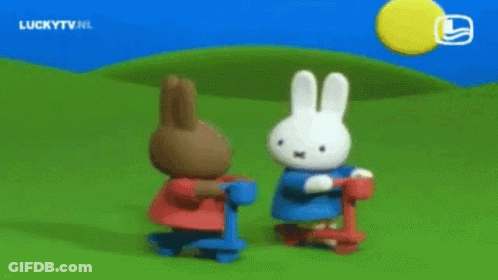Rabbits Standing Next To Each Other On Scooters GIF