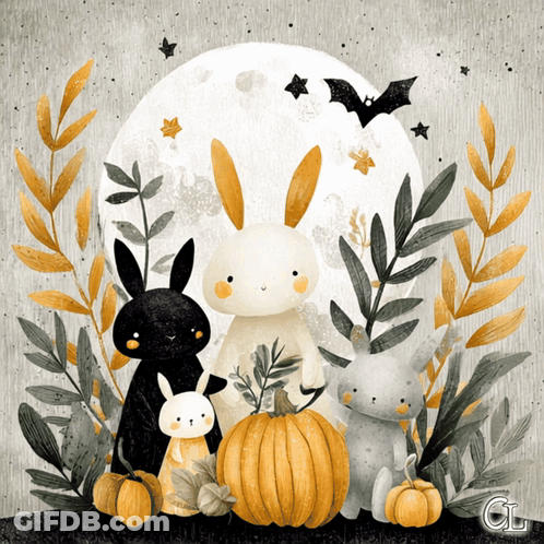 Rabbits Surrounded By Pumpkins And Leaves With CL GIF