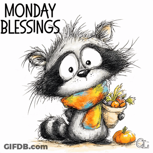 Raccoon Holding Basket Of Vegetables Saying Monday Blessings GIF