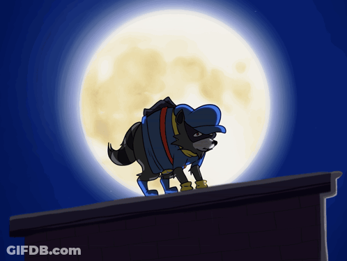 Raccoon In Blue Hat On Rooftop Under Full Moon GIF