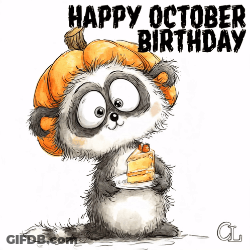 Raccoon In Pumpkin Hat Holding Cake Saying Happy October Birthday GIF