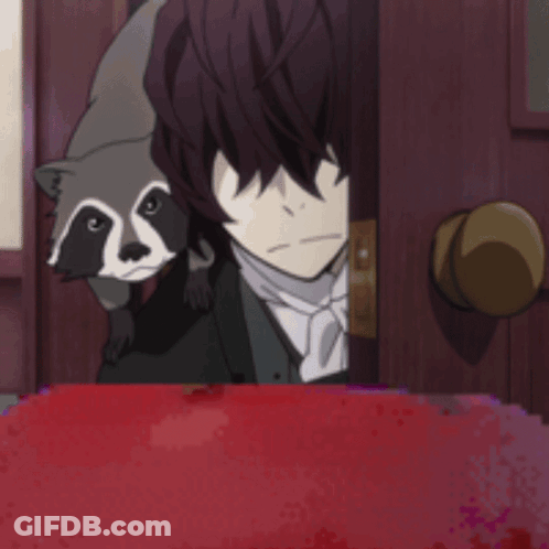 Raccoon Peeking Out Of Door With Man Behind GIF