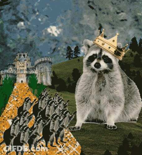 Raccoon Wearing Crown Surrounded By Castle And Raccoons GIF