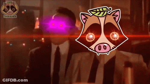 Raccoon With Leaf Behind Two Men In Suits GIF