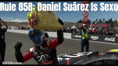 Race Car Driver Holding Bag Over Head Rule 858 Daniel Suarez Is Sexo GIF