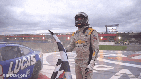 Race Car Driver Holding Checkered Flag Lucas Car GIF
