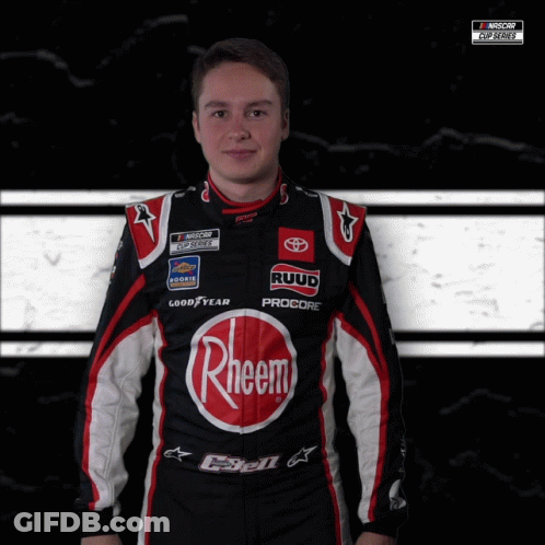 Race Car Driver In Black And Red Rheem Outfit GIF