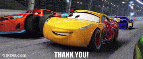Race Cars Driving Down Track Saying Thank You GIF