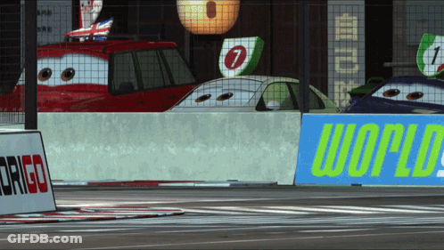 Race Track With Blue Sign Saying World GIF