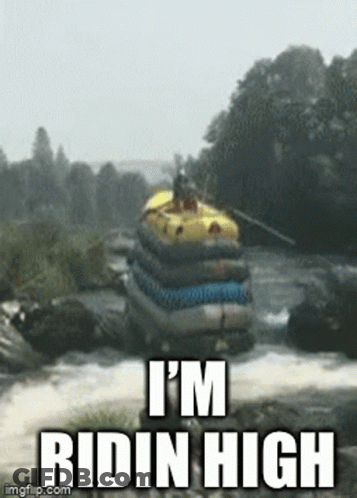 Raft In River Saying I'm Ridin High GIF