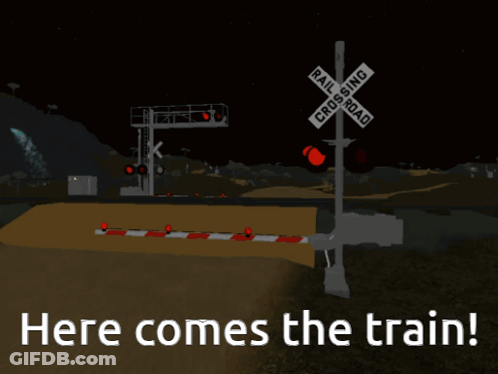 Railroad Crossing Sign Here Comes The Train GIF