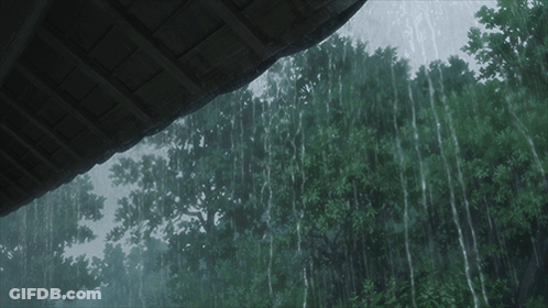 Rain Is Falling From The Roof Of A Building In The Woods GIF