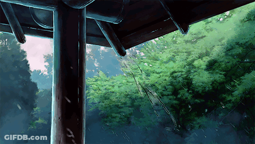 Rain Is Falling From The Roof Of A Building In The Woods GIF