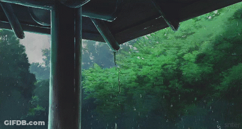 Rain Is Falling On A Roof With Trees In The Background And The Words Snter On The Bottom Right GIF