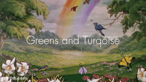 Rainbow And Butterflies With Greens And Turquoise GIF