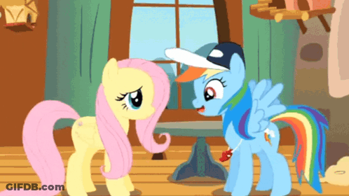 Rainbow Dash And Fluttershy Are Standing Next To Each Other In Front Of A Window GIF
