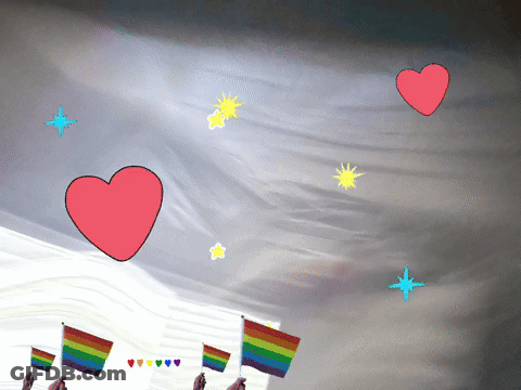 Rainbow Flag Held In Stormy Sky With Hearts And Stars GIF