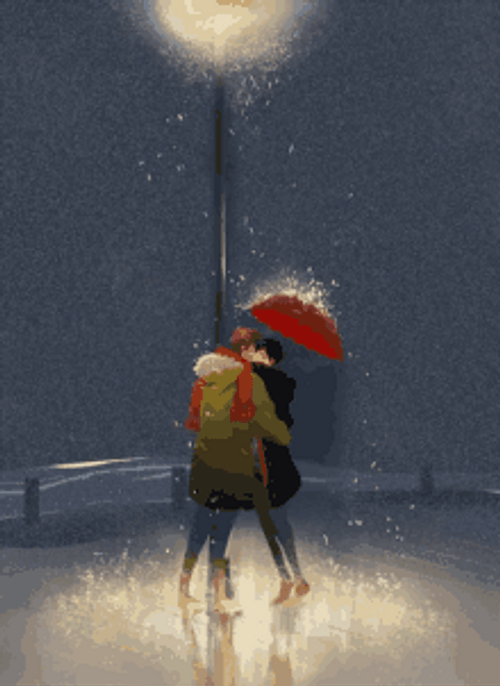 Raining Couple Night Kiss Autumn Umbrella GIF