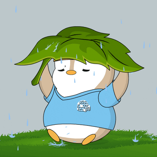 Rainy Friday Pudgy Penguin With Leaf Umbrella GIF