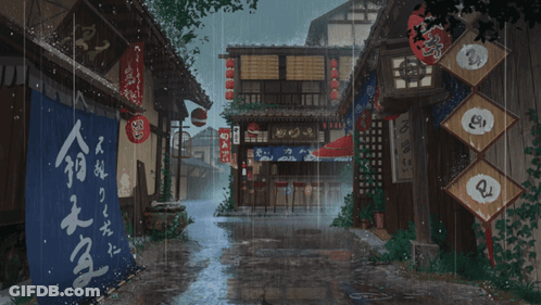 Rainy Street Painting With Chinese Writing GIF