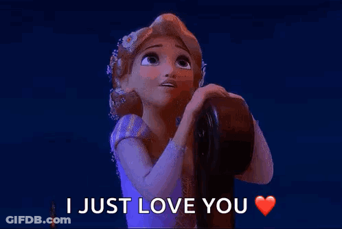 Rapunzel From Tangled Is Holding Her Hand To Her Face And Saying `` I Just Love You '' With A Heart . GIF