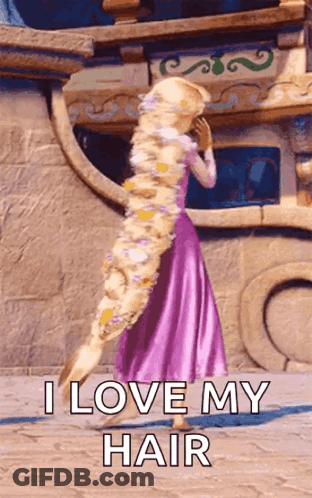 Rapunzel From Tangled Is Standing In Front Of A Building With Her Hair In A Very Long Braid . GIF