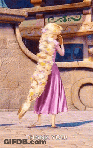 Rapunzel From Tangled Is Standing In Front Of A Building With Her Hair Very Long . GIF