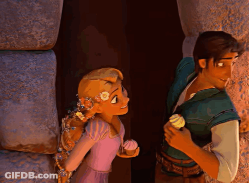 Rapunzel Holding Cupcake Next To Boyfriend GIF