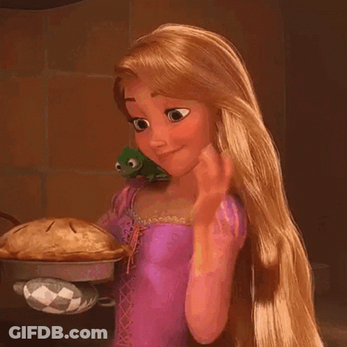 Rapunzel Holding Pie With Lizard On Shoulder GIF