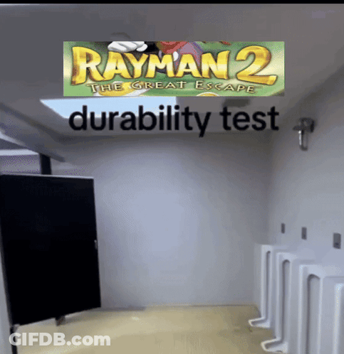 Rayman 2 The Great Escape Durability Test Written On A Bathroom Wall GIF