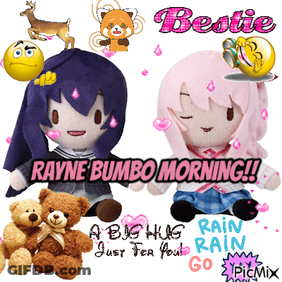 Rayne Bumbo Morning With Two Stuffed Dolls And Teddy Bears GIF