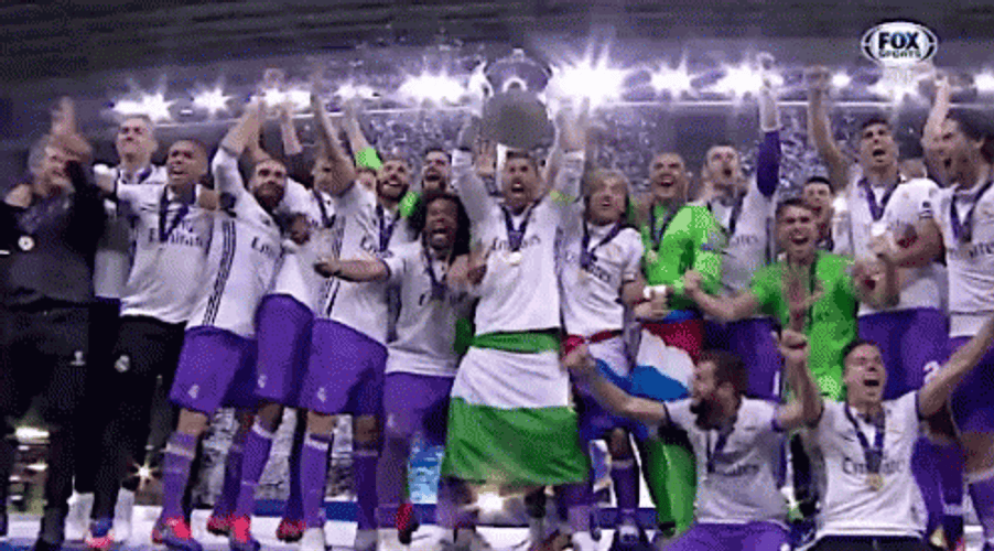 Real Madrid Winning Team Screaming With Trophy GIF