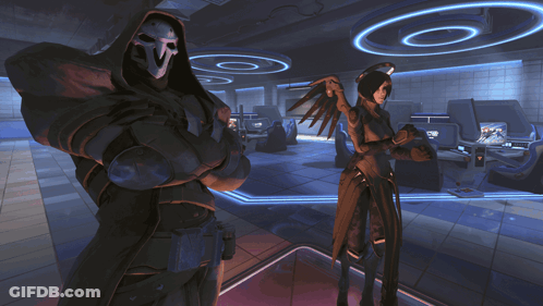 Reaper And Mercy Are Standing In A Dark Room GIF