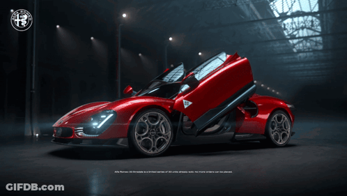 Red Alfa Romeo With Doors Open In Dark Room GIF