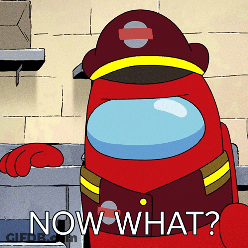 Red Among Us Character In Fireman Hat Saying Now What GIF