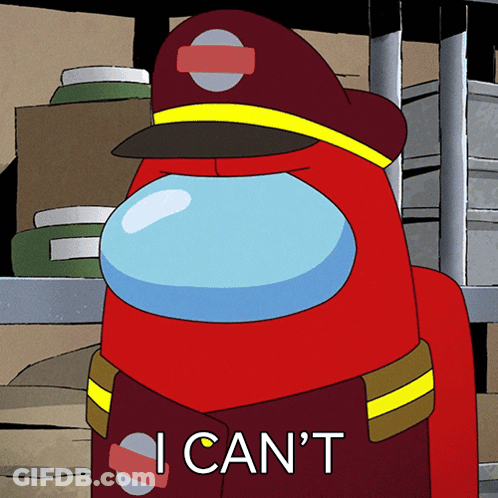 Red Among Us Character Saying I Can't In Front Of Boxes GIF