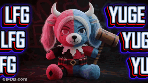 Red And Blue Teddy Bear With Horns LFG GIF