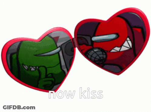 Red And Green Among Us Characters Kissing In Heart Mirror Saying Now Kiss GIF