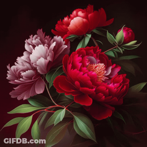 Red And Pink Flowers With Green Leaves GIF