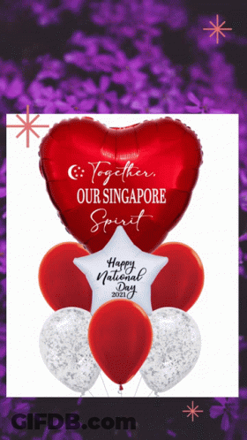 Red And White Balloons With Heart Saying Together Our Singapore Spirit GIF