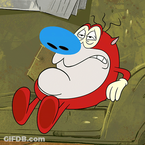 Red And White Cartoon With Blue Nose On Couch GIF