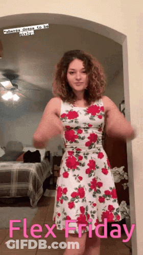 Red And White Floral Dress Woman Flexing Flex Friday GIF