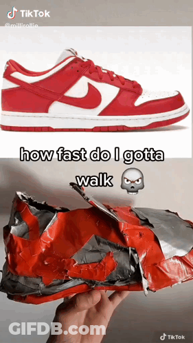 Red And White Nike Shoes Next To Broken Shoe GIF