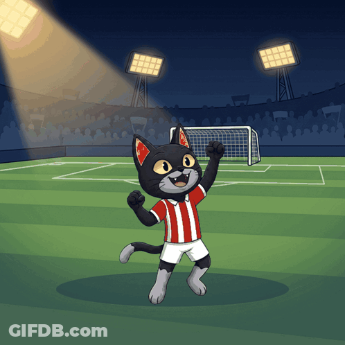 Red And White Striped Cartoon Cat On Soccer Field GIF