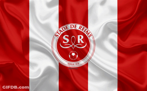 Red And White Striped Flag With Stade De Reims Logo GIF