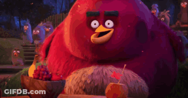 Red Angry Bird Sitting Next To Bowl Of Grapes And Apple GIF