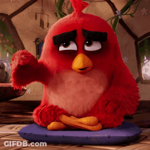 Red Angry Bird Sitting On Blue Pillow With Legs Crossed GIF