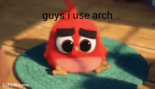 Red Angry Bird Sitting On Green Mat Saying Guys I Use Arch GIF