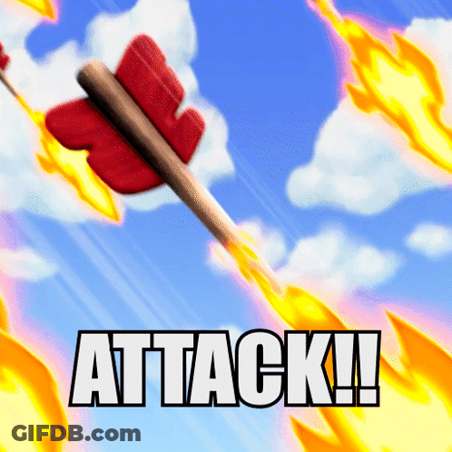 Red Arrow With Flames Saying Attack GIF
