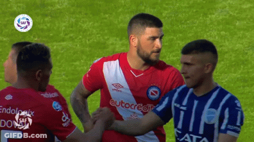 Red Autocredit Jersey Man Shakes Hands With Two Men GIF